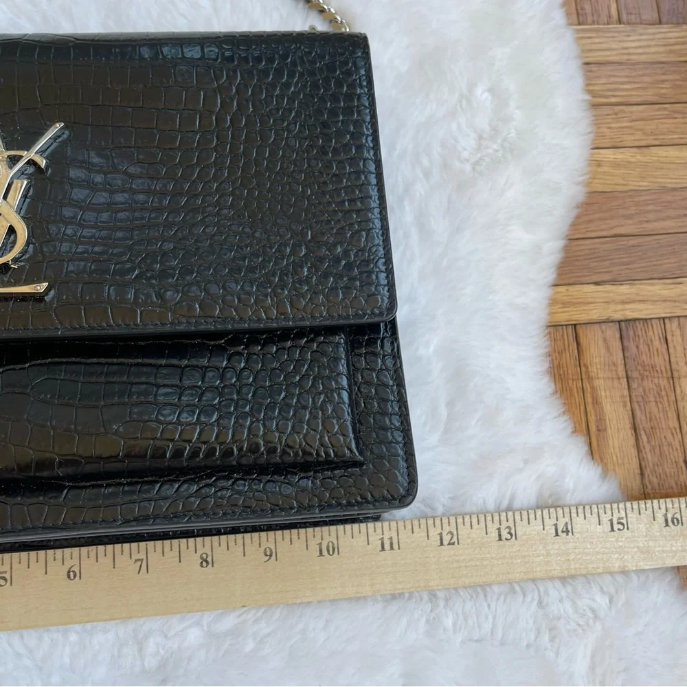 YSL Calfskin Crocodile‎ Embossed Medium Monogram Black Authentic 100%